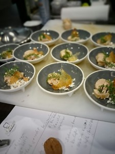 Snack #2: poularde with walnut cottage cheese and crispy chicken skin